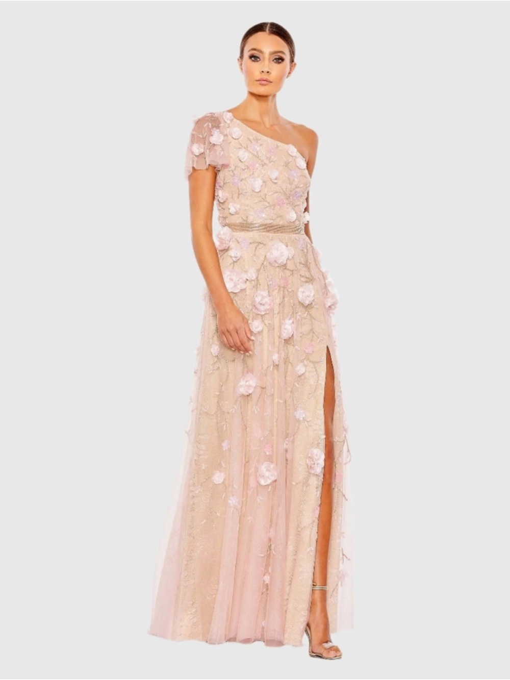 Mac Duggal 9165 Pink Floral Embellished One Shoulder A Line Gown Size 16 NWT